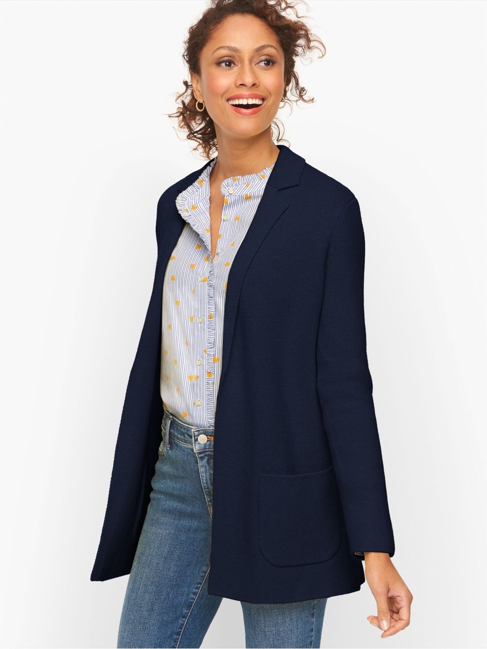 Talbots Notch Collar Sweater Blazer Preppy Academia Size Small Petite Navy Blue
